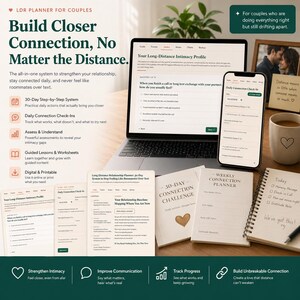 May include: A laptop and smartphone display a long-distance relationship planner. The image includes notebooks, a coffee mug, and printed guides. Text on the screen reads "Build Closer Connection, No Matter the Distance."