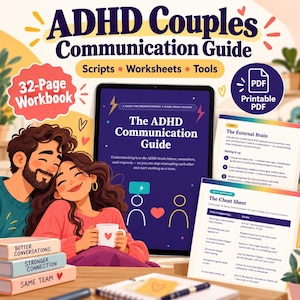 Puede incluir: Un libro de trabajo de 32 páginas ADHD Couples Communication Guide con guiones, hojas de trabajo y herramientas. El PDF digital incluye una tableta con la guía, páginas impresas con The External Brain y The Cheat Sheet, y libros.
