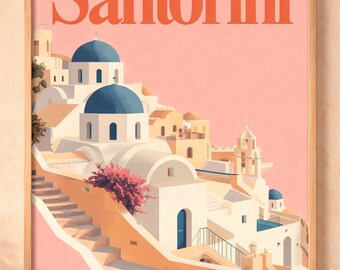 Plakat podróżniczy "Santorini" w Grecji, do druku, do pobrania w wersji cyfrowej