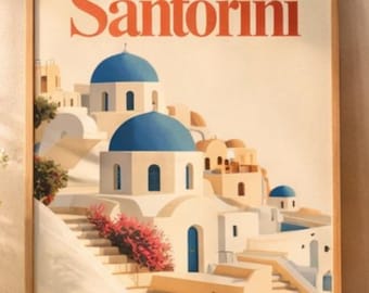 Plakat podróżniczy Santorini Grecja do druku, sztuka ścienna, pobieranie cyfrowe