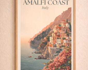 Plakat podróżniczy do Włoch, Wybrzeże Amalfi, do druku, do pobrania w wersji cyfrowej