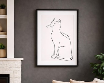 Minimalistyczny szkic kota | Neutralna grafika ścienna ze zwierzętami | Plakat z kotem do druku