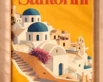 Plakat podróżniczy Santorini Grecja do druku, sztuka ścienna, pobieranie cyfrowe