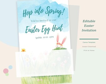 Zaproszenie na polowanie na pisanki do druku | Ogród marzycielskiego króliczka | Edytowalny szablon Canva | Natychmiastowe pobranie