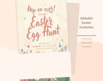 Zaproszenie na polowanie na pisanki do druku | Ogród marzycielskiego króliczka | Edytowalny szablon Canva | Natychmiastowe pobranie