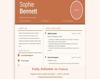 Szablon CV marketingowego Canva | Przyjazny dla systemu ATS | Gotowe dla Ciebie, absolwent marketingu | W zestawie list motywacyjny