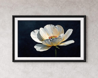 Obraz olejny „Biały kwiat” | Nastrojowa kwiatowa sztuka ścienna | Granatowy motyw botaniczny | Pobieranie cyfrowe