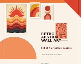Zestaw 4 abstrakcyjnych grafik ściennych w stylu retro | Zestaw plakatów do druku z połowy XX wieku | Pobieranie cyfrowe