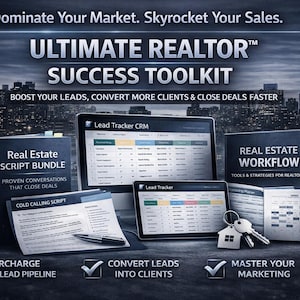 May include: An advertisement for a real estate success toolkit. The image features a computer, tablet, and books with the text "ULTIMATE REALTOR SUCCESS TOOLKIT". The text includes "BOOST YOUR LEADS, CONVERT MORE CLIENTS & CLOSE DEALS FASTER".