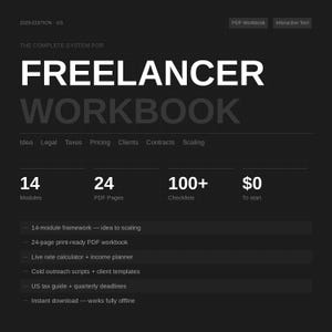 Pode incluir: Gráfico cinza escuro com o texto "FREELANCER WORKBOOK" em letras brancas grandes. A imagem destaca 14 módulos, 24 páginas PDF e mais de 100 listas de verificação. Também menciona uma calculadora de taxas ao vivo e um guia fiscal dos EUA.