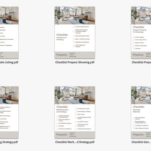 Könnte beinhalten: Eine Sammlung von zehn Checklisten, jeweils mit einem Titel und einer Liste von Elementen. Die Checklisten tragen Titel wie "Neue Listungsaufnahme" und "Präsentation vorbereiten". Jede Checkliste hat unten einen Abschnitt für Immobilien.