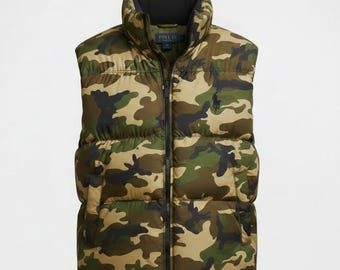 Polo Ralph Lauren Camo Puffer Vest NWT Herr Hooded Camouflage Vinterjacka Ärmlös Dragkedja Isolerad Designer Streetwear