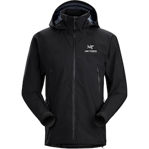 May include: Black hooded jacket with a full-length zipper, two side pockets, and the Arc'teryx logo on the chest. The jacket has a streamlined design and a high collar. The sleeves have adjustable cuffs. This outdoor jacket is designed for protection from the elements.