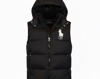 Polo Ralph Lauren Herr Svart Vit Big Pony Dunväst med Hood NWT – Kraftig Varm Isolerad Vinterkläder Ytterkläder
