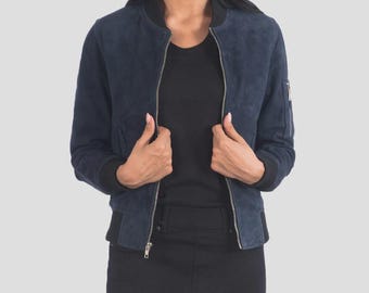 Ava MA-1 Blå mockabomberjacka Dam, Äkta mockajacka, Vintage pilotkappa, Streetwear vintermode, Present till henne