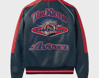 Kings Avirex läderbomberjacka herr marinblå röd vintage streetwear retro överdimensionerad vinterjacka lyxig urban mode present till honom