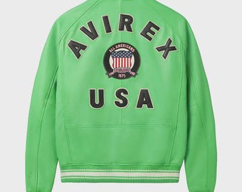 AVIREX Icon Läderjacka Herr Grön Bomberjacka Lyxig Streetwear Bikerjacka Retro Amerikansk Mode Gåva till Honom