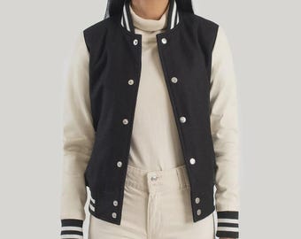 Savant svart & vit hybrid Varsity-jacka för kvinnor, Letterman-jacka i läder, streetwear-bomberjacka, vintagestil, present till henne
