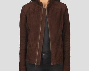 Rumella Mocha Mocka Bikerjacka Dam, Äkta Mocka Läder Motojacka, Vintage Style Jacket, Streetwear Mode, Present till henne