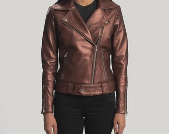 Rumy Maroon läderbikerjacka för kvinnor, äkta lädermotojacka, vintagekavaj, streetwearmode, present till henne