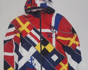 Polo Ralph Lauren RL-93 Vindjacka NWT Herr Flag Graphic Sailing Regatta Anchor Full Zip Retro Streetwear Kappa