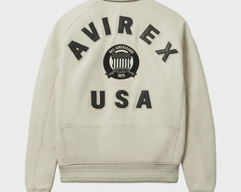 AVIREX USA Äkta Läderjacka För Honom Krämfärgad Varsity Bomberjacka Lyxig Streetwear Bikerjacka Retro Amerikansk Mode Gåva