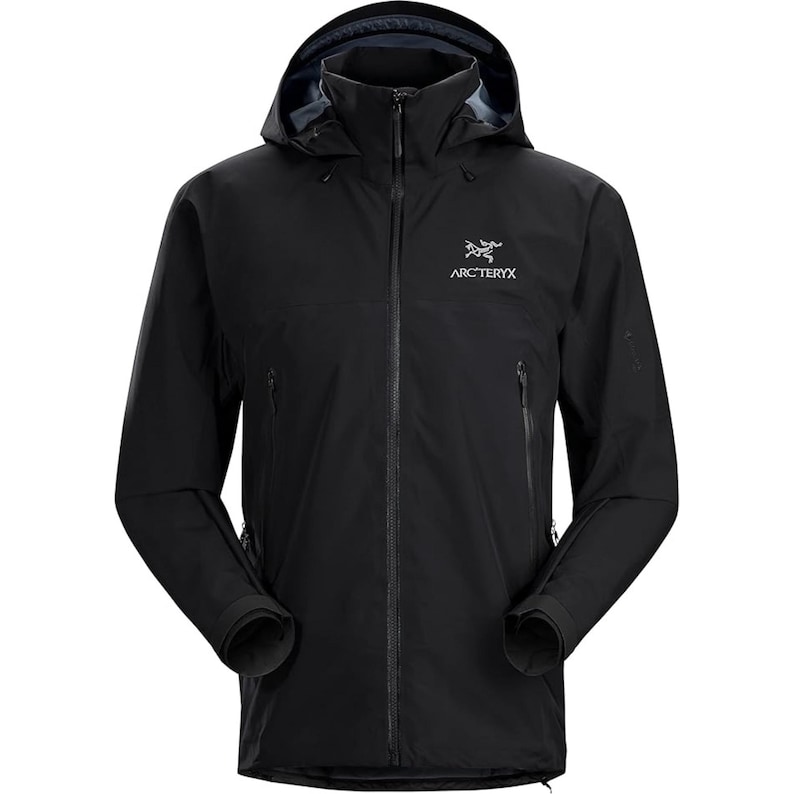 May include: Black hooded jacket with a full-length zipper, two side pockets, and the Arc'teryx logo on the chest. The jacket has a streamlined design and a high collar. The sleeves have adjustable cuffs. This outdoor jacket is designed for protection from the elements.