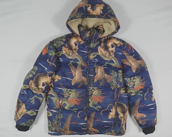 Vintage Polo Ralph Lauren Dragon Tiger Puffer Jacket – Rare 90s Y2K Blue Graphic Down Coat – Men’s Streetwear Winter Bubble Jacket