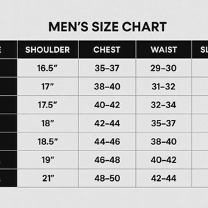 May include: A size chart for clothing, with the text "MEN'S SIZE CHART" at the top. The chart includes sizes XS to 3XL, with measurements for shoulder, chest, waist, and sleeves in inches. The chart is on a light gray background.