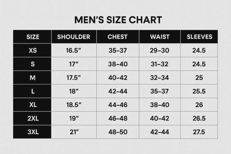 May include: A size chart for clothing, with the text "MEN'S SIZE CHART" at the top. The chart includes sizes XS to 3XL, with measurements for shoulder, chest, waist, and sleeves in inches. The chart is on a light gray background.