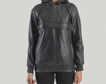 Zest svart läderjacka med huva för kvinnor, äkta läderjacka med huva, streetwear-tröja, vintermode, present till henne