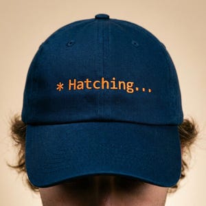 May include: A navy blue baseball cap with the text "* Hatching..." embroidered in orange. The cap has a curved brim and a button on top. The hat is a classic style, suitable for casual wear.