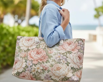 Vintage Blush Rose Floral Weekender Bag | Large Tote, Rope Handles