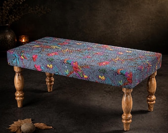 Banco de madera tapizado hecho a mano, asiento de tela geométrica, patas color miel, banco decorativo estilo bohemio, India