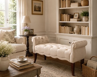 Tufted Upholstered Bench, Creamy Beige Linen, Rolled Arm Settee, Bedroom Entryway Bench, Handmade India, DRM Craft