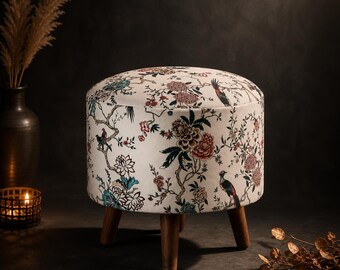 Round Floral Fabric Ottoman, Sheesham Wood Legs, Boho Footstool, Handmade India