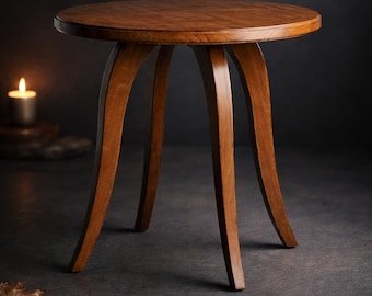 Round Wooden Side Table, Sheesham Wood, Curved Legs Accent Table, Walnut-Toned Finish, Living Room Decor, Handmade India