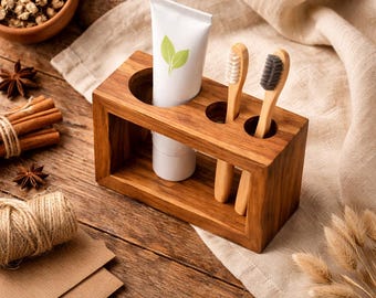 Sheesham Wood Toothbrush Holder – Rustic Minimalist Bathroom Organizer