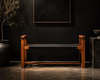 Acacia Wood Rope Bench, Rustic Entryway Bench, Handmade Woven Cotton Seat, Farmhouse Bedroom Bench, Custom Size Made to Order