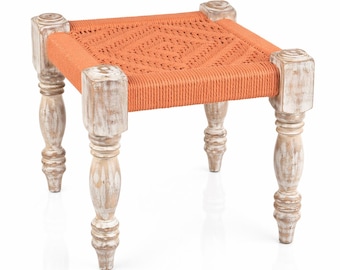 Handgewebter Charpai-Hocker, Massivholzrahmen, oranger Baumwollsitz, rustikale Boho-Dekor