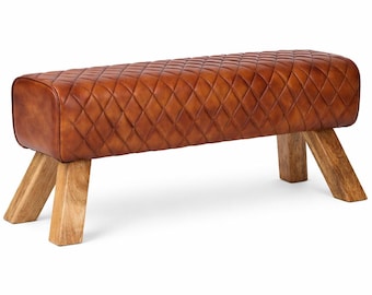 Handmade Quilted Leather Bench, Rustic Cognac Wood Legs, Boho Entryway Seating