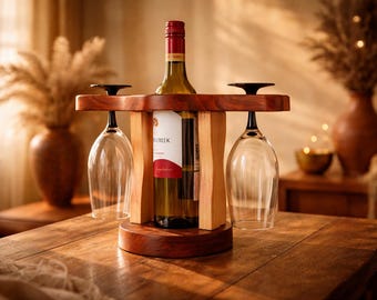 Handcrafted Wooden Wine Bottle and Glass Holder, Rustic Cognac Tabletop Organizer