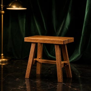 May include: A small rectangular wooden stool with a natural brown finish, featuring four straight legs connected by a horizontal support brace. The stool has a flat top surface and a visible wood grain texture throughout its construction.