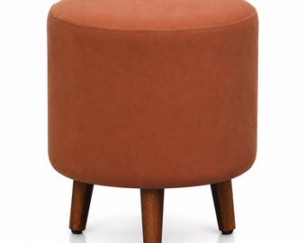 Round Velvet Ottoman Stool, Mocha Rust, Sheesham Wood Legs, Handmade India Accent Seat