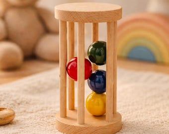 Handmade Wooden Baby Rattle Toy, Natural Montessori Roller, Colorful Beads, Infant Sensory Play