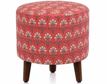 Round Upholstered Stool, Sheesham Wood, Cotton Block Print Fabric, Boho Footrest Ottoman, Handmade India