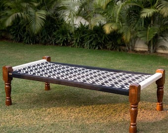 Handwoven Wooden Charpai Daybed | Recycled Cotton Rope Boho Bench