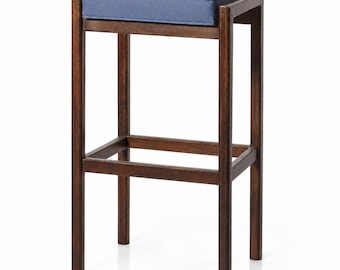 Dark Walnut Sheesham Wood Bar Stool, Slate Blue Cotton Seat, Backless Mid Century