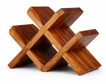 Brown Sheesham Wood Wine Rack, Rustic Geometric Wine Stand, Tabletop Storage Holder