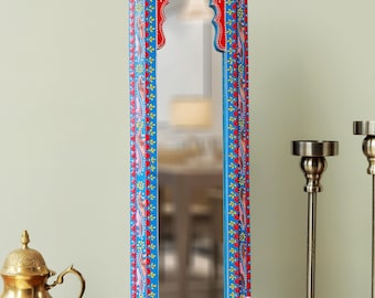 Hand Painted Arch Mirror | Indian Wooden Wall Decor, Boho Heritage Art Frame